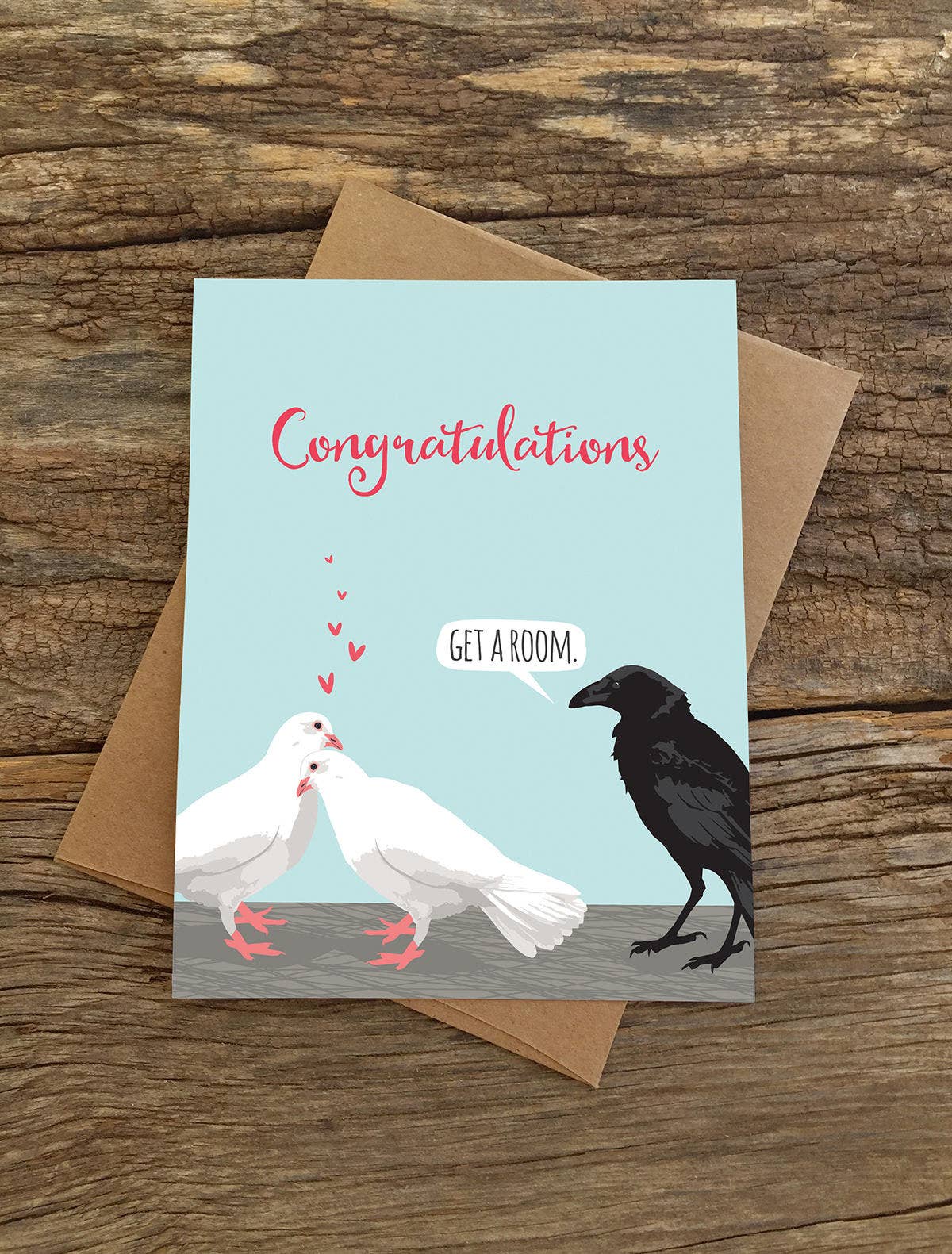 Get a Room Doves Card with congratulations text, blank inside, A2 size, recycled paper and envelope, from stationery store