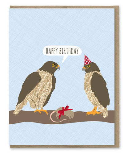 Hawks Birthday Card with two illustrated hawks, one wearing a party hat, saying 'Happy Birthday'. Eco-friendly stationery from a US stationery store.