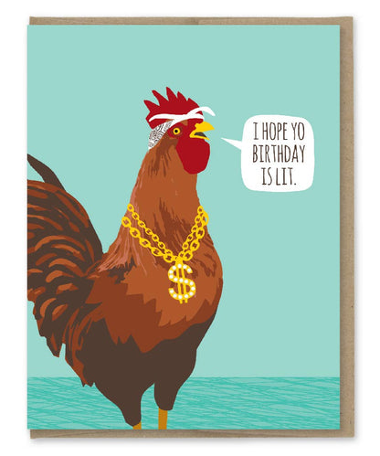 Lit Rooster Birthday Card with gold chain and text 'I hope yo birthday is lit' on recycled paper, A2 size, from stationery store.