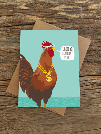 Lit Rooster Birthday Card