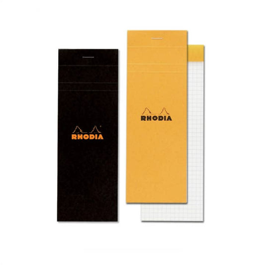 Rhodia Classic Notepad 3 x 8.25 in orange and black, 80 sheets, micro-perforated, available at stationery store.