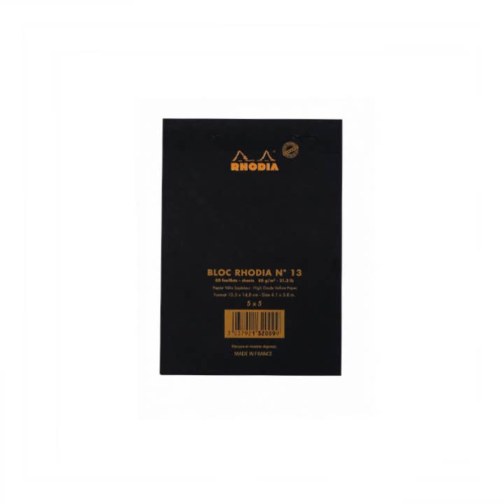 Rhodia Classic Notepad 4 x 6 with black cover, 80g French-milled paper. Ideal for stationery store. 80 sheets, micro-perforated, made in France.