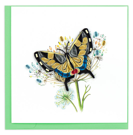 Handmade quilled Swallowtail Butterfly greeting card with envelope from a stationery store, featuring intricate floral design.