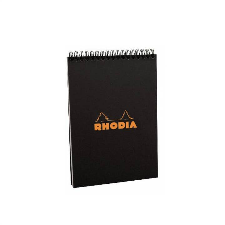 Rhodia Spiral Notepad 6x8 A5 black cover with wire-binding, smooth extra white paper, stationery store essential.