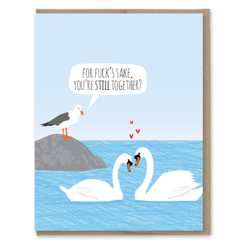 Anniversary Swans Seagull Card with humorous text, eco-friendly stationery from a stationery store, perfect for anniversaries.