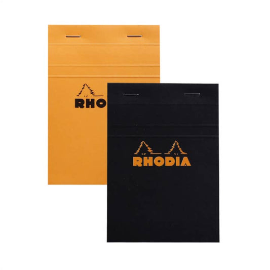 Rhodia Classic Notepad 4 x 6 in orange and black, 80 sheets with smooth French-milled paper, perfect for stationery store enthusiasts.