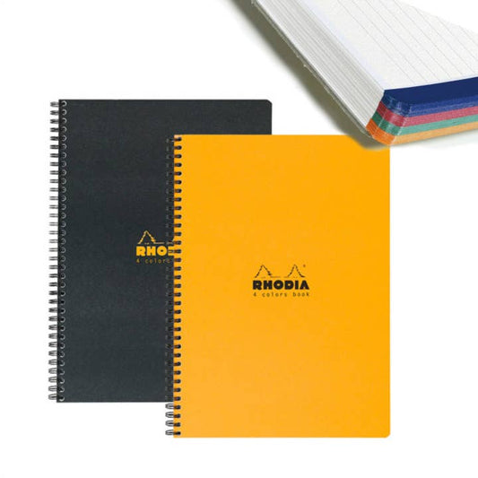 Rhodia Spiral 4 Color Book 9 x 11.75, black and orange covers, with four colored sections, perfect for school or work at stationery stores.