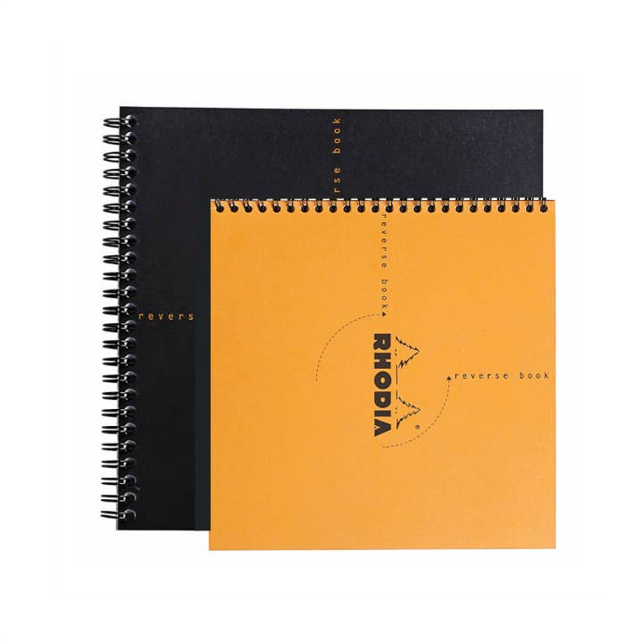 Rhodia Reverse Book 8.25 x 8.25 with orange and black covers, featuring spiral binding and premium paper, available at stationery store.