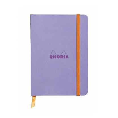 Rhodiarama Softcover Journal A5 6 x 8.25 with purple vegan leather cover, elastic closure, ideal for stationery store collections.