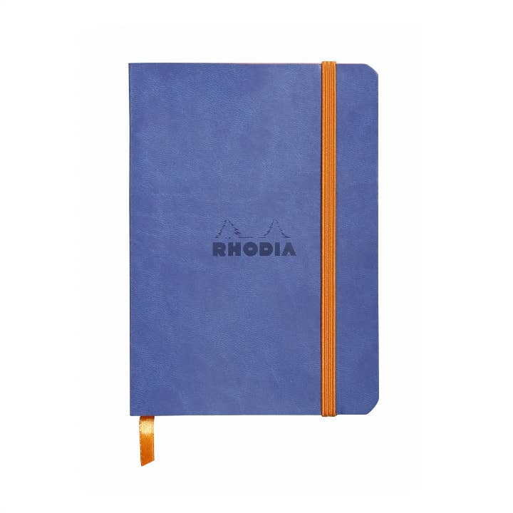 Rhodiarama Softcover Journal A5 with blue vegan leather cover, elastic closure, and ribbon marker, available at stationery stores.