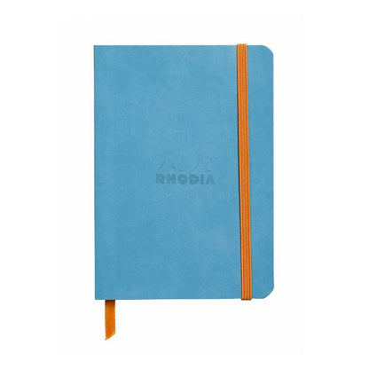 Rhodiarama Softcover Journal A5 in blue with elastic closure, ideal for stationery store, 90g French-milled paper, vegan leather cover.