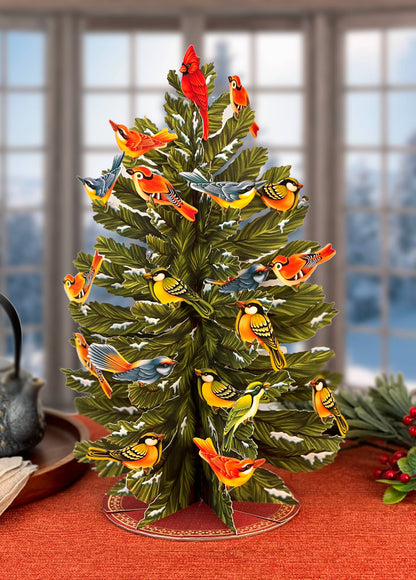 Winter Tree Holiday Pop-up Greeting Card with colorful birds, from Stationery Store. Eco-friendly, foldable, with festive envelope.