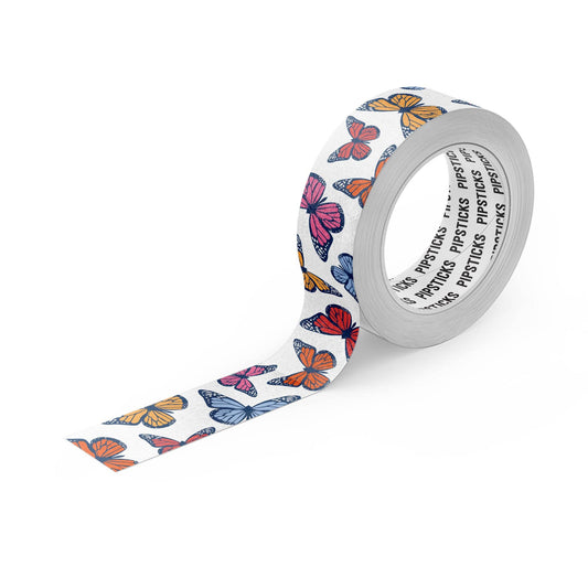 Social Butterflies Washi Tape featuring colorful butterfly designs, perfect for craft projects, from a stationery store. 15mm x 10m roll.