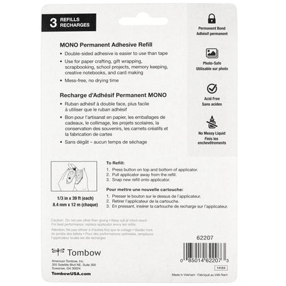 Back packaging of MONO Permanent Adhesive Refill 3-Pack for stationery stores, showing refill instructions and product features.