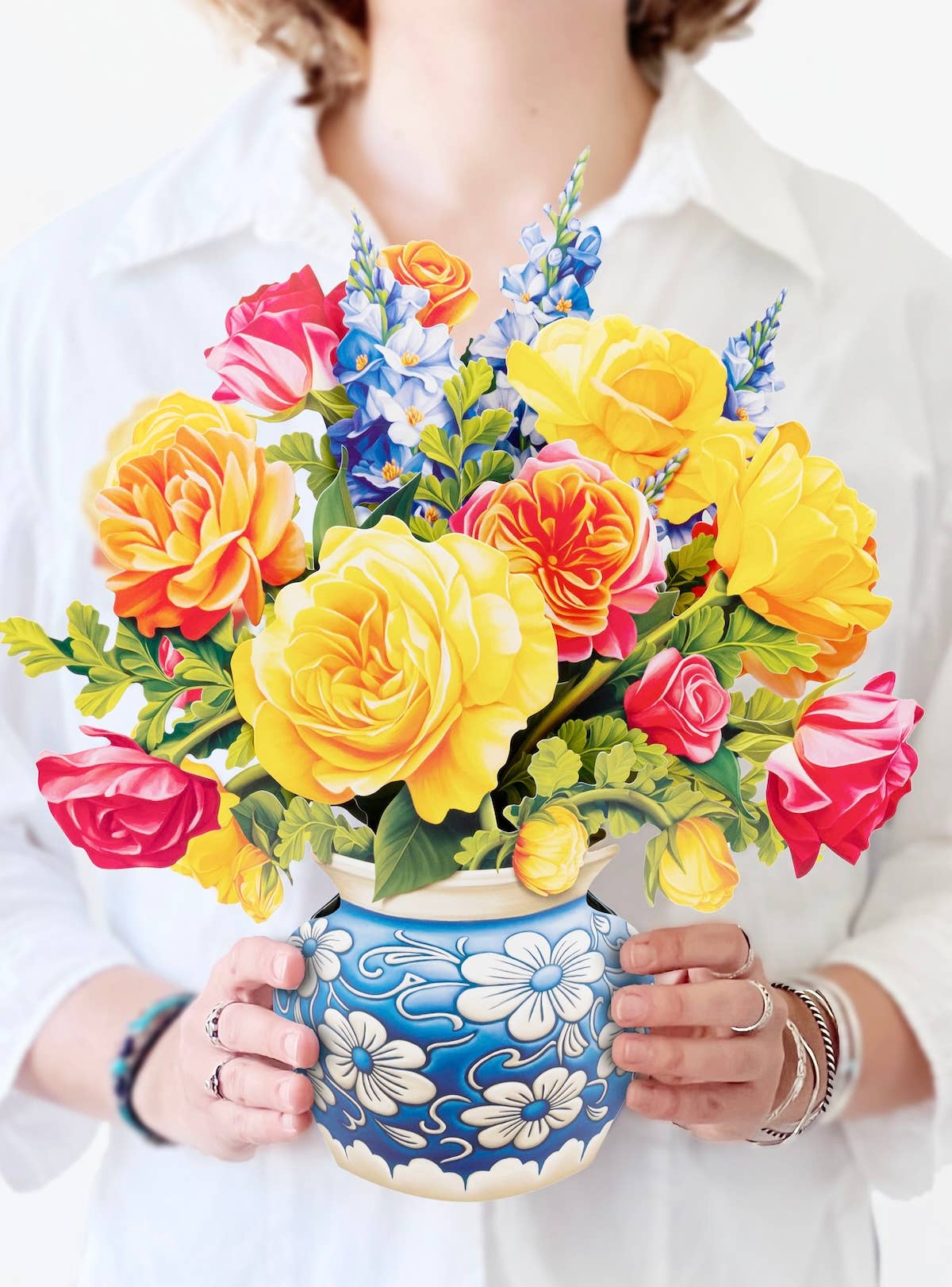 Sorbet Roses Pop Up Greeting Card with bold roses and snapdragons in a blue floral vase, available at stationery store.