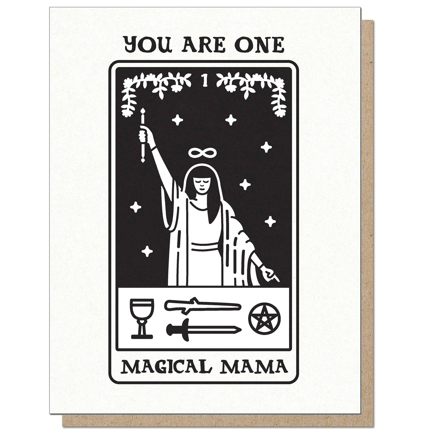 "Magical Mama Tarot Themed Card" from a stationery store. Perfect Mother's Day greeting card with a recycled envelope.