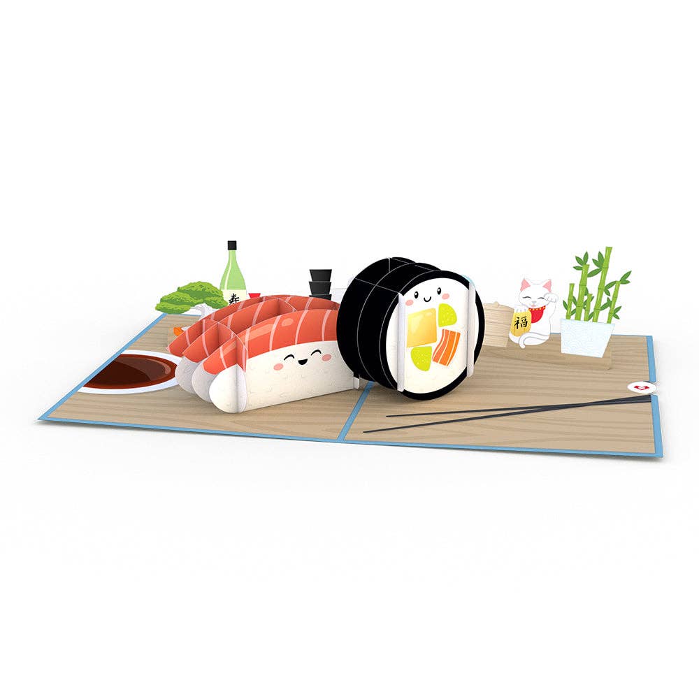 Pop-up card featuring smiling sushi on a table with soy sauce and decor, perfect stationery gift, 5x7” everyday card from a stationery store.