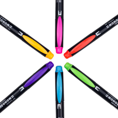 Colorful MONO Edge Highlighters 6-Pack with dual tips, arranged in a circle, featuring vibrant colors for stationery store use.