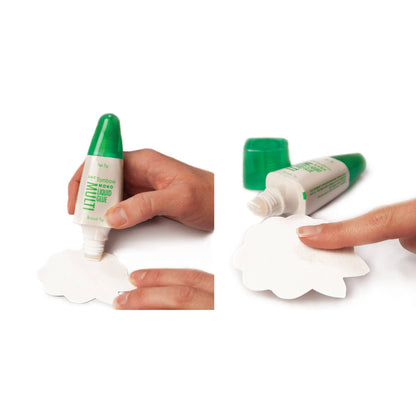 Applying MONO Multi Liquid Glue with applicator for precise adhesive; ideal for stationery store needs, versatile and photo-safe.