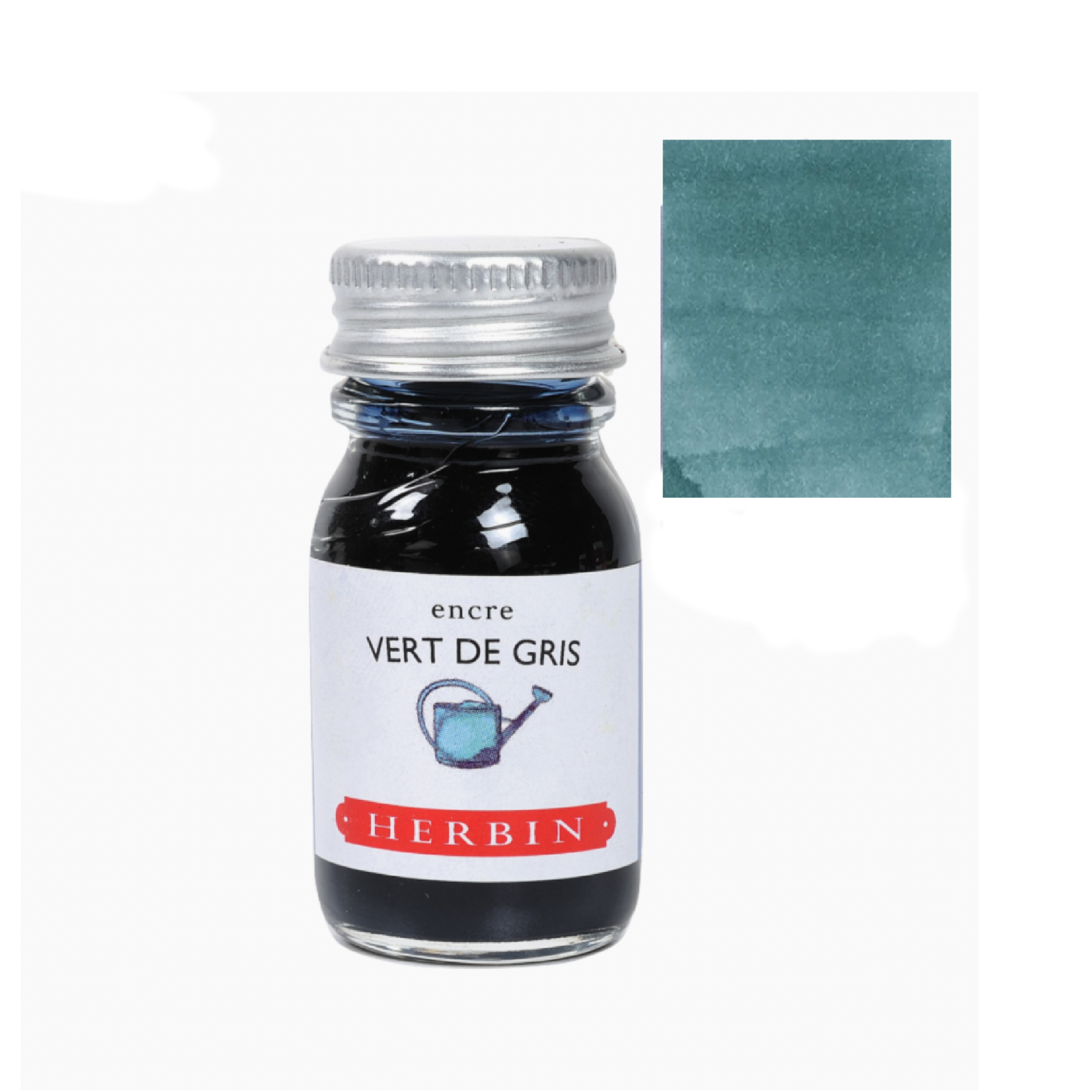 Close-up of a hand holding a Herbin Bleu Pervenche fountain pen ink 10ml bottle, elegant stationery from Paris, available in 35 colors