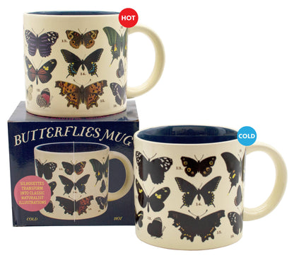 Butterflies Heat-Changing Coffee Mug showing colorful butterflies when hot, ideal for coffee or tea; available at your favorite stationery store.