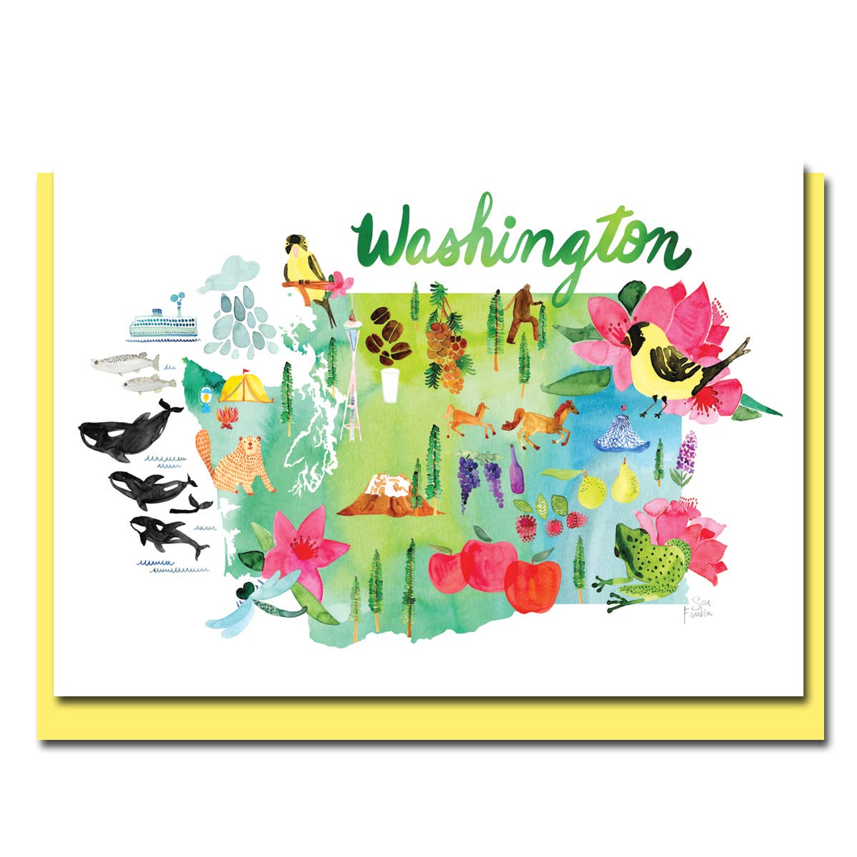 Illustrated watercolor card of Washington by Sara Franklin, featuring vibrant state symbols; available at stationery stores with yellow envelope.