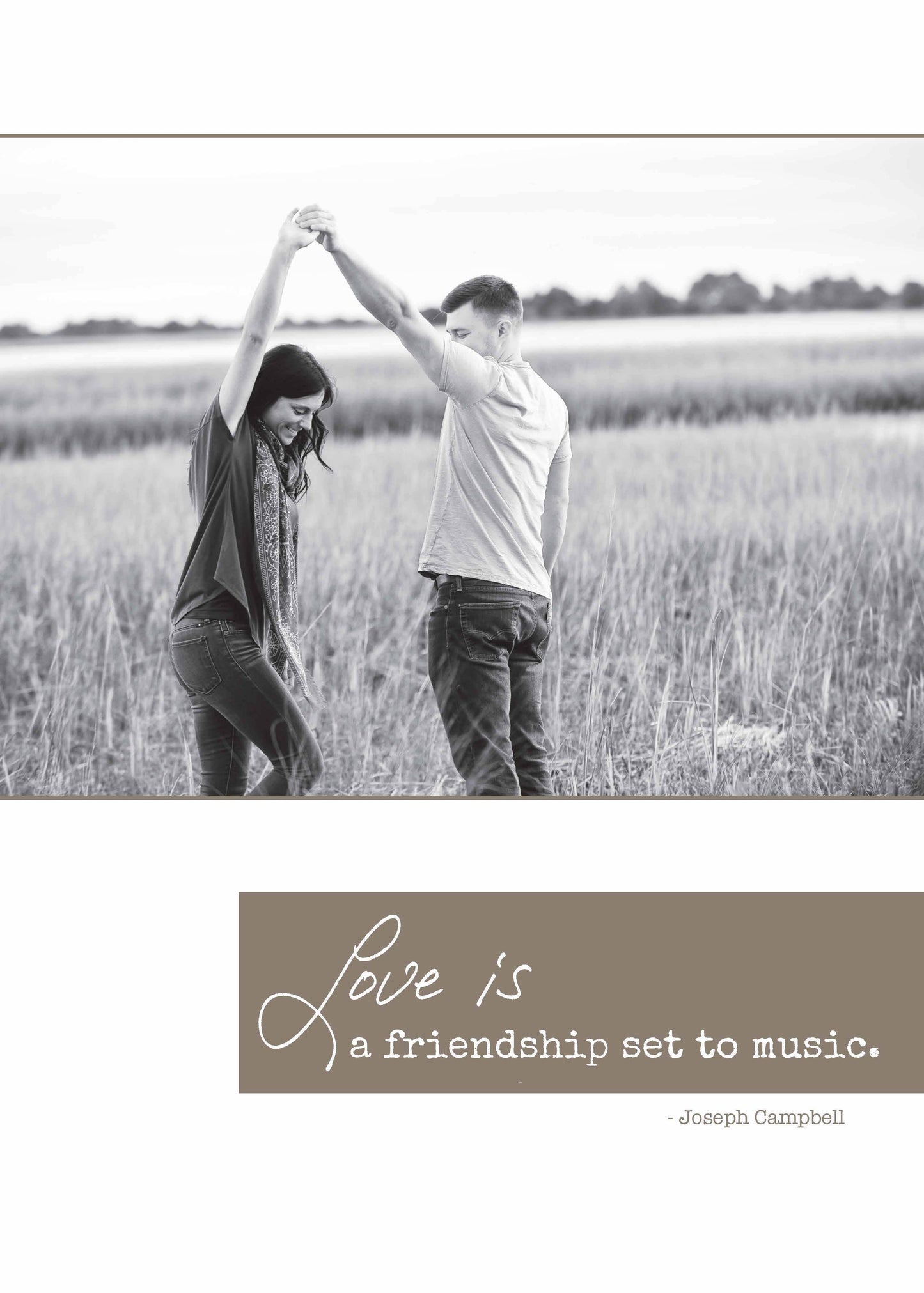 Alt Tag: Anniversary card with couple dancing in field, Joseph Campbell quote 'Love Is a Friendship Set to Music', Stationery store product