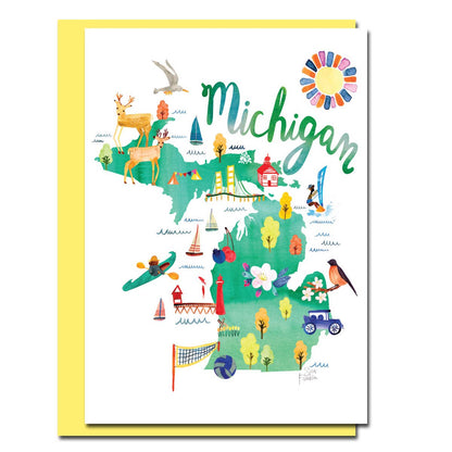 Watercolor Michigan map card with yellow envelope, designed by Sara Franklin. Available in stationery store. Part of state card series.