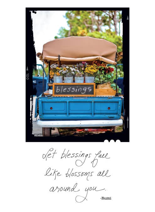 628B: Vintage cart with flowers and 'blessings' sign; "Let blessings fall like blossoms all around you" by Rumi. Stationery store item.