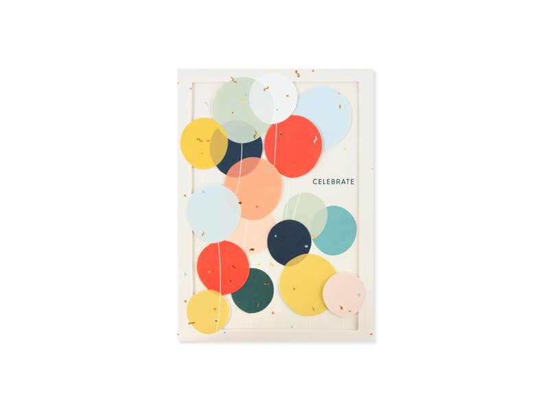 Colorful Balloons Celebrate Die-Cut Greeting Card, stationery store design with laser-cut layers, teal envelope included