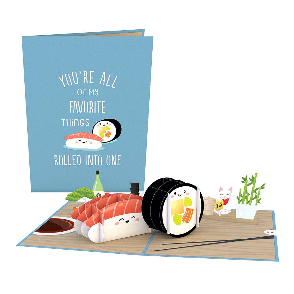 Sushi 5''x7'' Pop-Up Card with smiling sushi design, perfect for any occasion. Stationery store card with traditional Japanese decor.