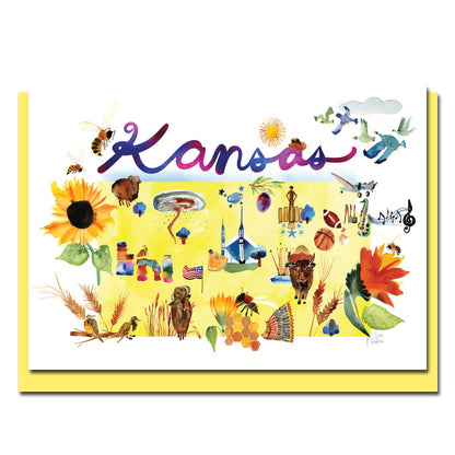 Watercolor Maps Card featuring Kansas design, blank card paired with butter yellow envelope, by Sara Franklin, available at stationery store.