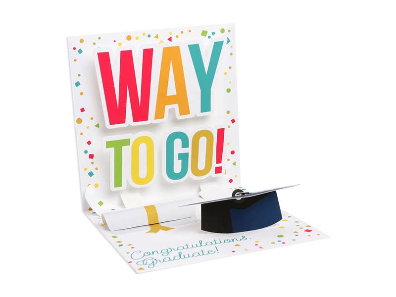 Way To Go! Pop-Up Card for graduation, featuring colorful artwork, perfect for stationery store celebrations.