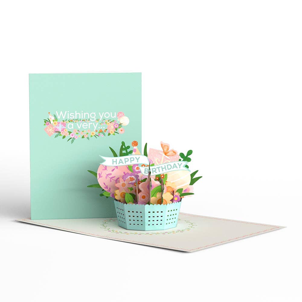 Delicate Floral Happy Birthday Basket 4.5x5.9" Card, Flower