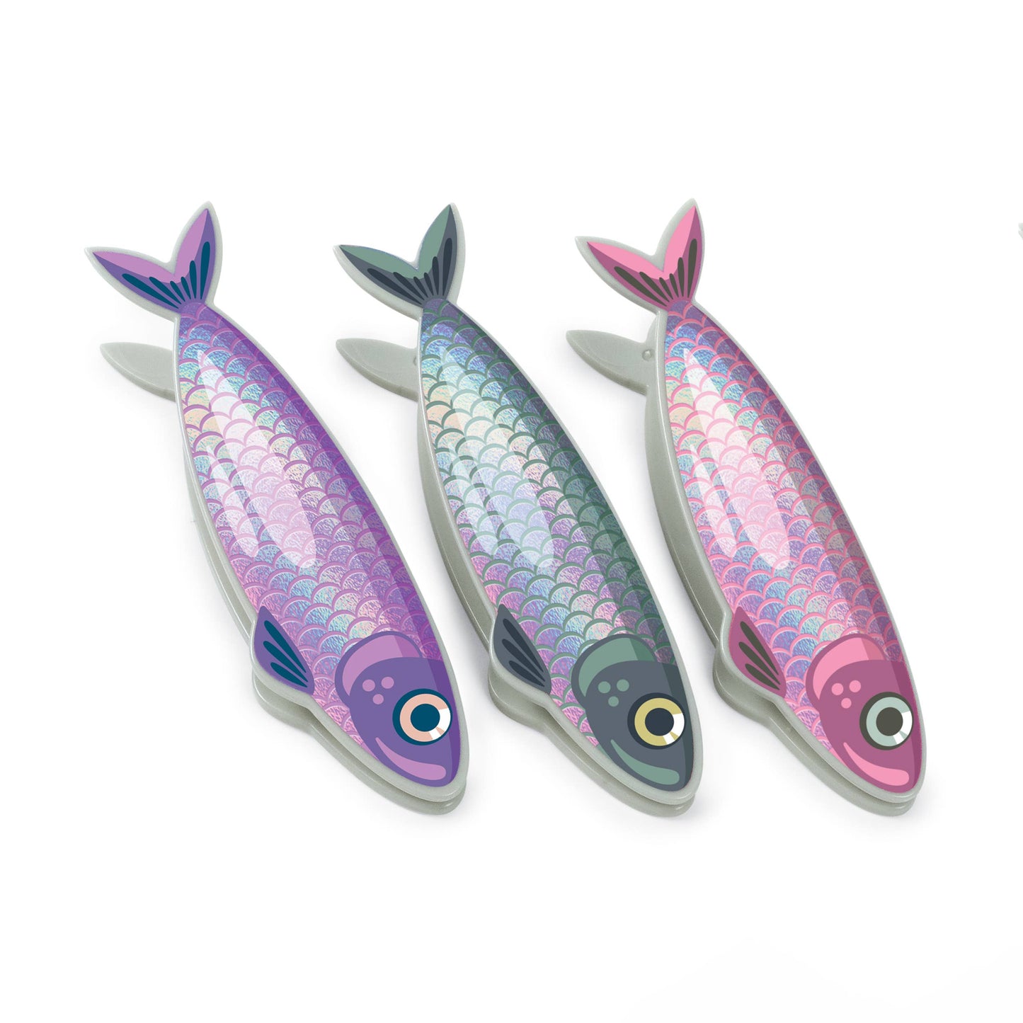 Sardine-styled bag clips set of 4, Fish 'N Clips by Fred Studio, shown with iridescent finish, stationery store item.