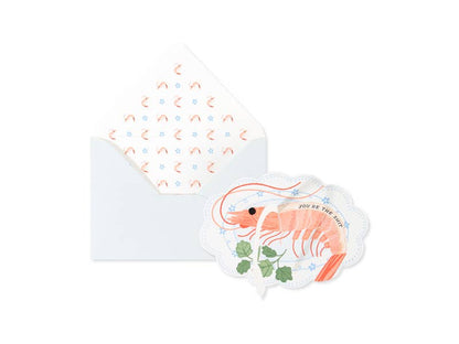 Shrimp pop-up card with interactive elements, featuring 'You're the Shit' message, in a powder blue envelope - stationery store item.