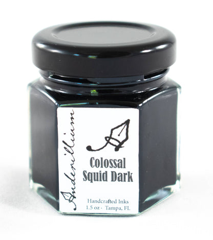 Anderillium Ink Colossal Squid Dark 1.5 oz bottle, fountain pen ink in sealed glass jar, handcrafted in the US, stationery store product