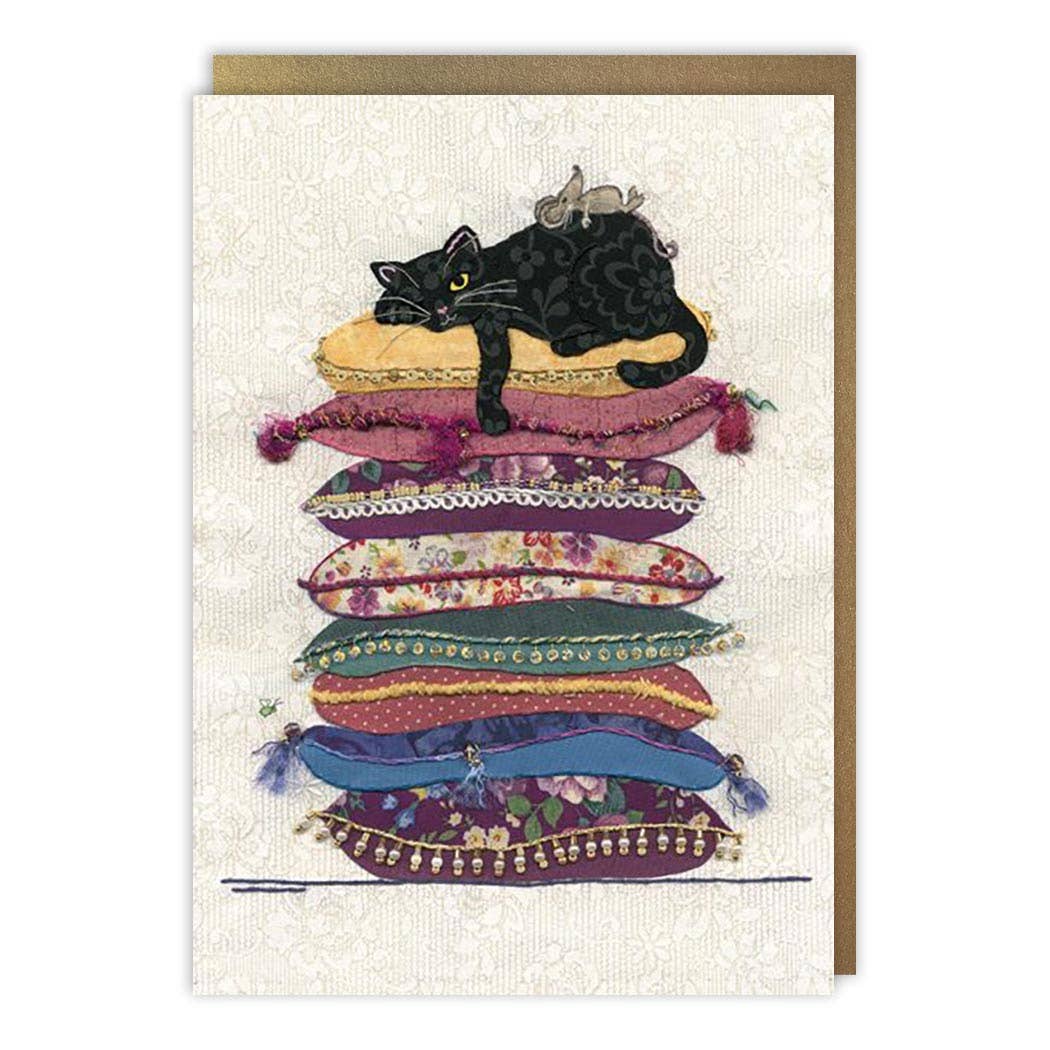 Cat Cushions Blank Card with gold foil and spot varnish. Embroidery design by Jane Crowther and Amy Butcher. Available at stationery store.