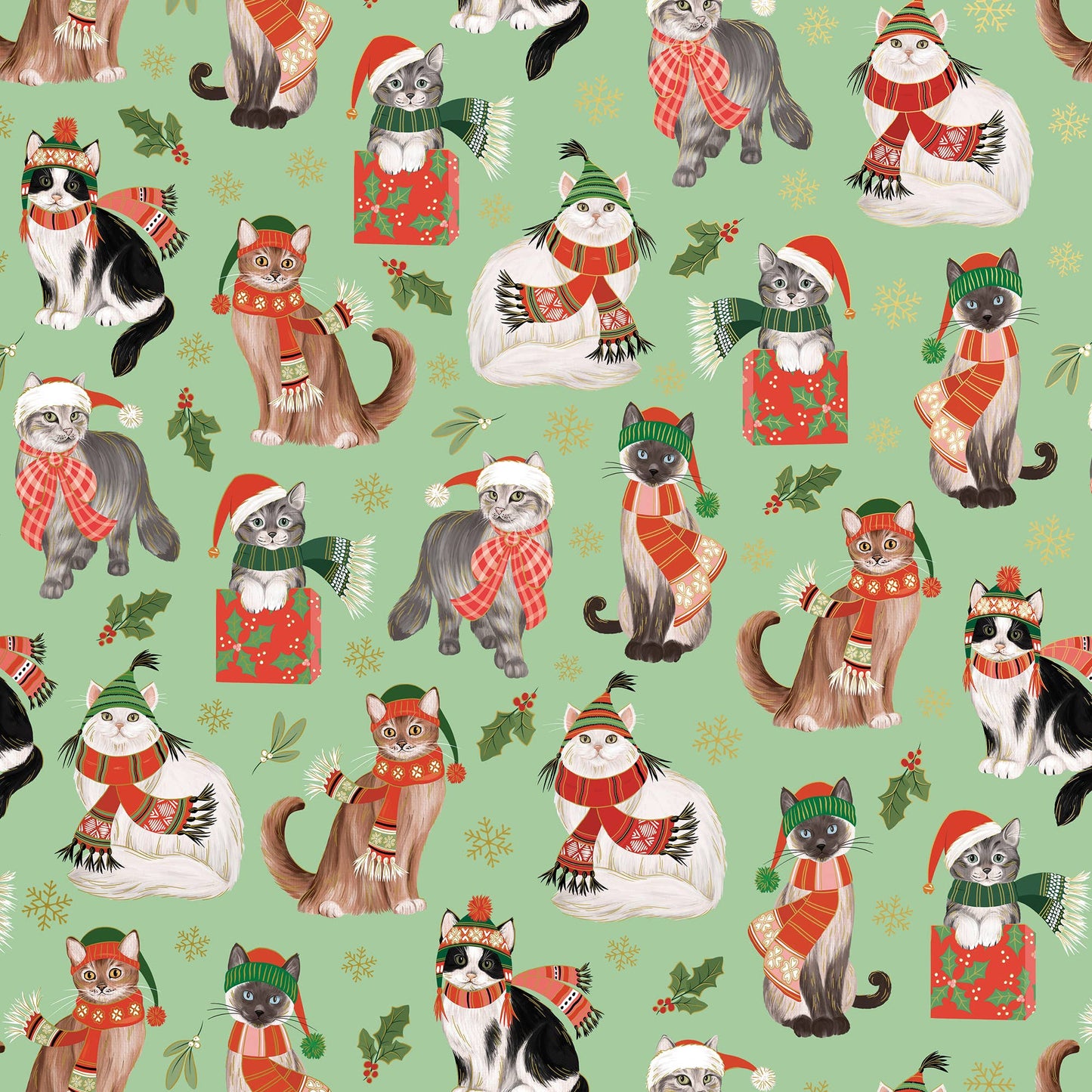 Festive wrapping paper featuring frolicking felines in holiday attire, ideal for Christmas gifts. Available at stationery stores.