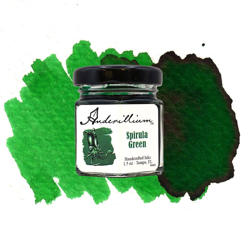 Anderillium Ink Spirula Green 1.5 oz bottle, handcrafted in the US, perfect for stationery store. Rich green fountain pen ink on display.