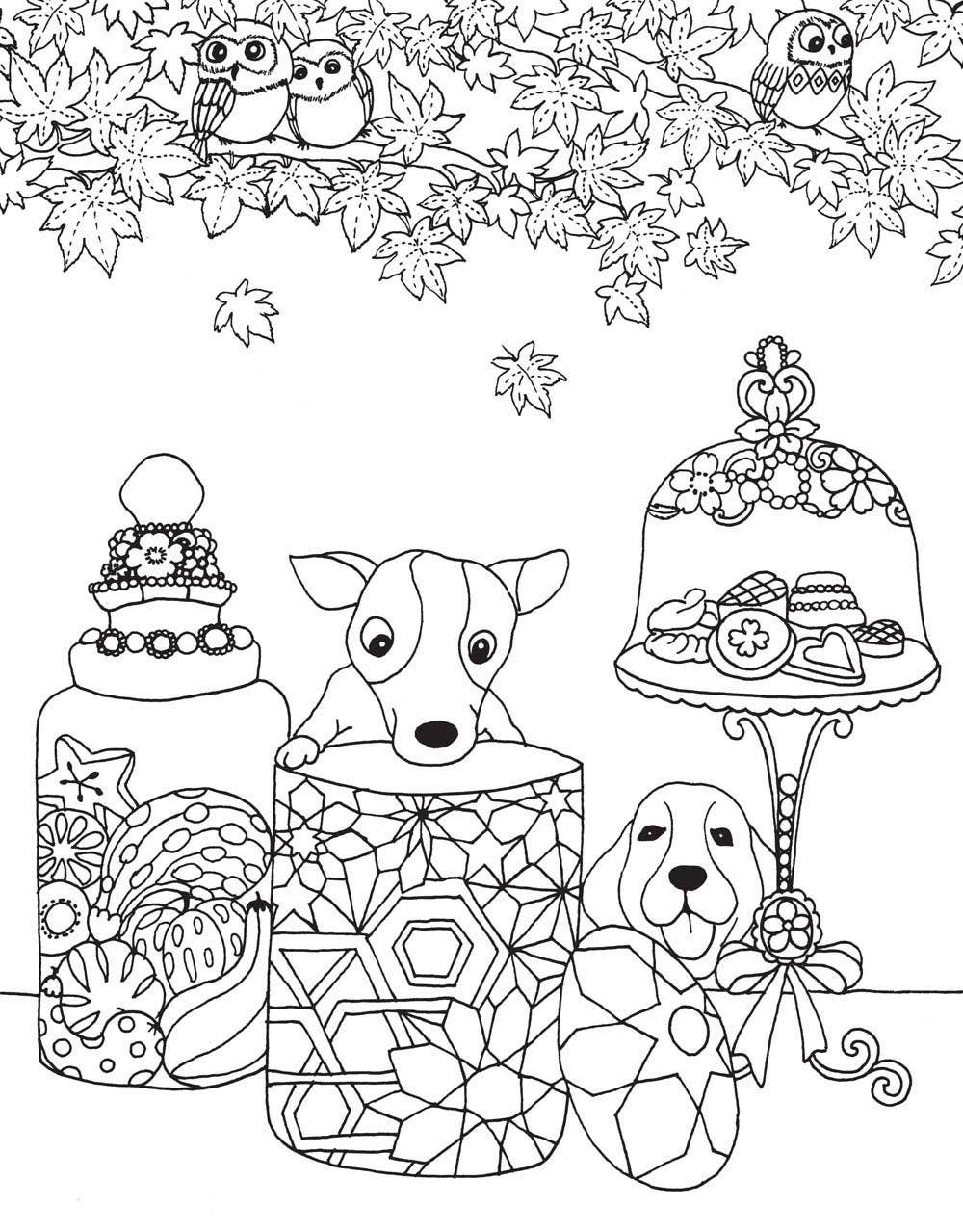 A Million Dogs Coloring Book page with cute dogs in jars, sweets, and leaves. Perfect for dog lovers from a stationery store.