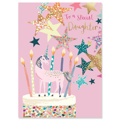 UNICORN DAUGHTER birthday card by Louise Tiler featuring a unicorn and stars design, available at stationery store. Blank inside.