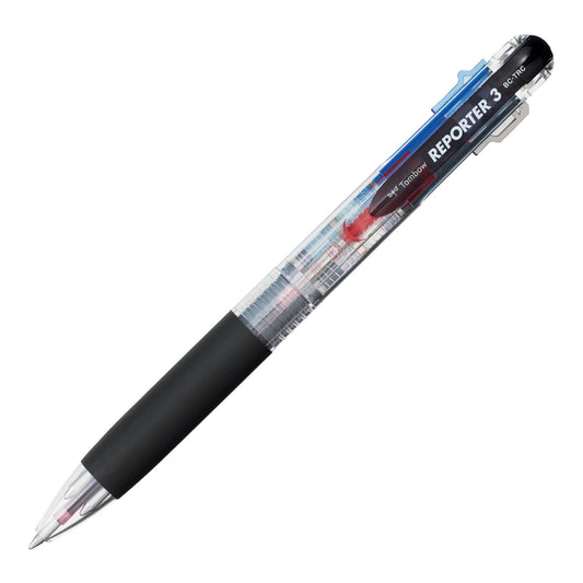 Reporter 3-Color Ballpoint Pen, Clear with black, red, blue ink and rubber grip, available at stationery store.