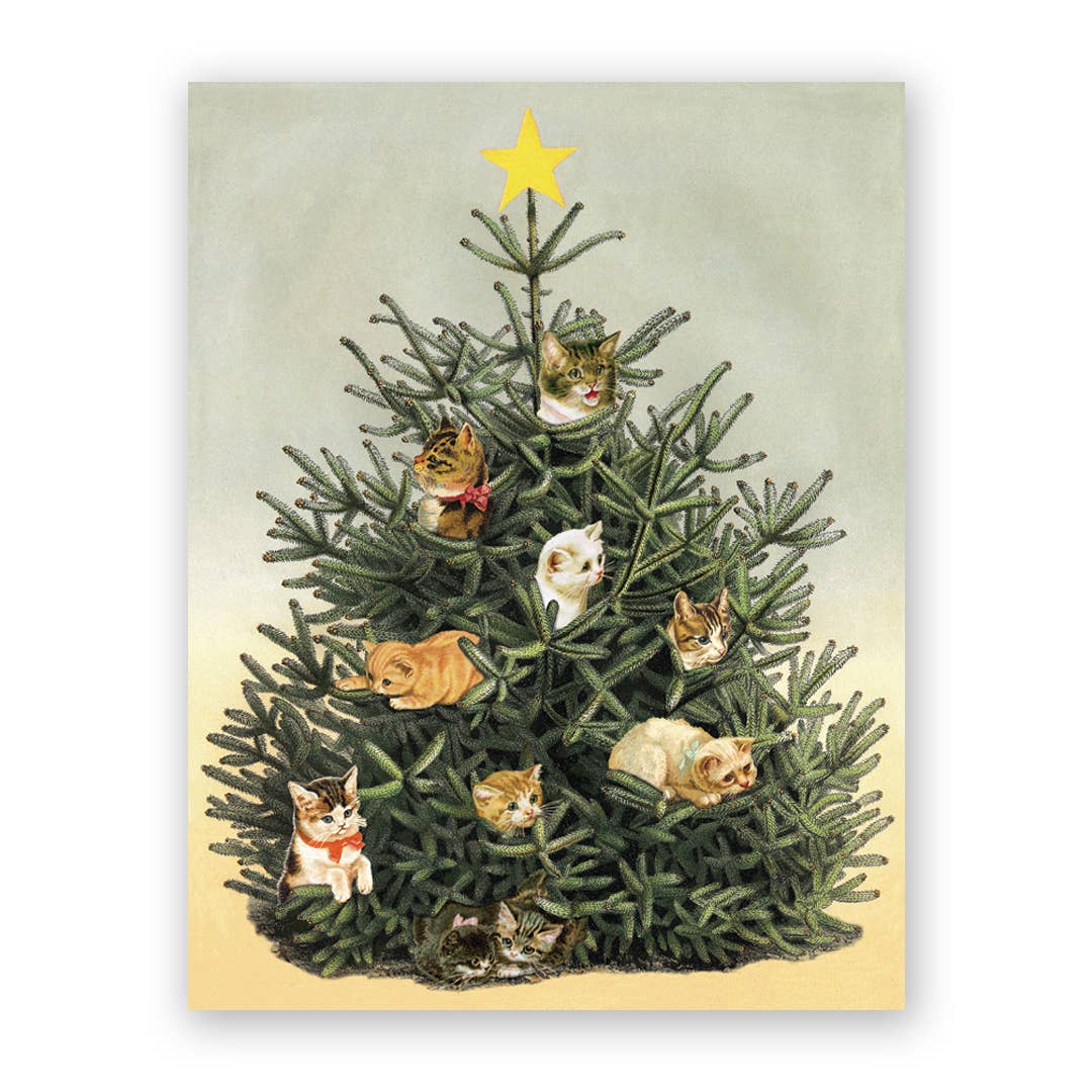 Alt Tag: Cat Christmas Tree Greeting Card with playful kittens, perfect holiday stationery store item with coordinating envelope.