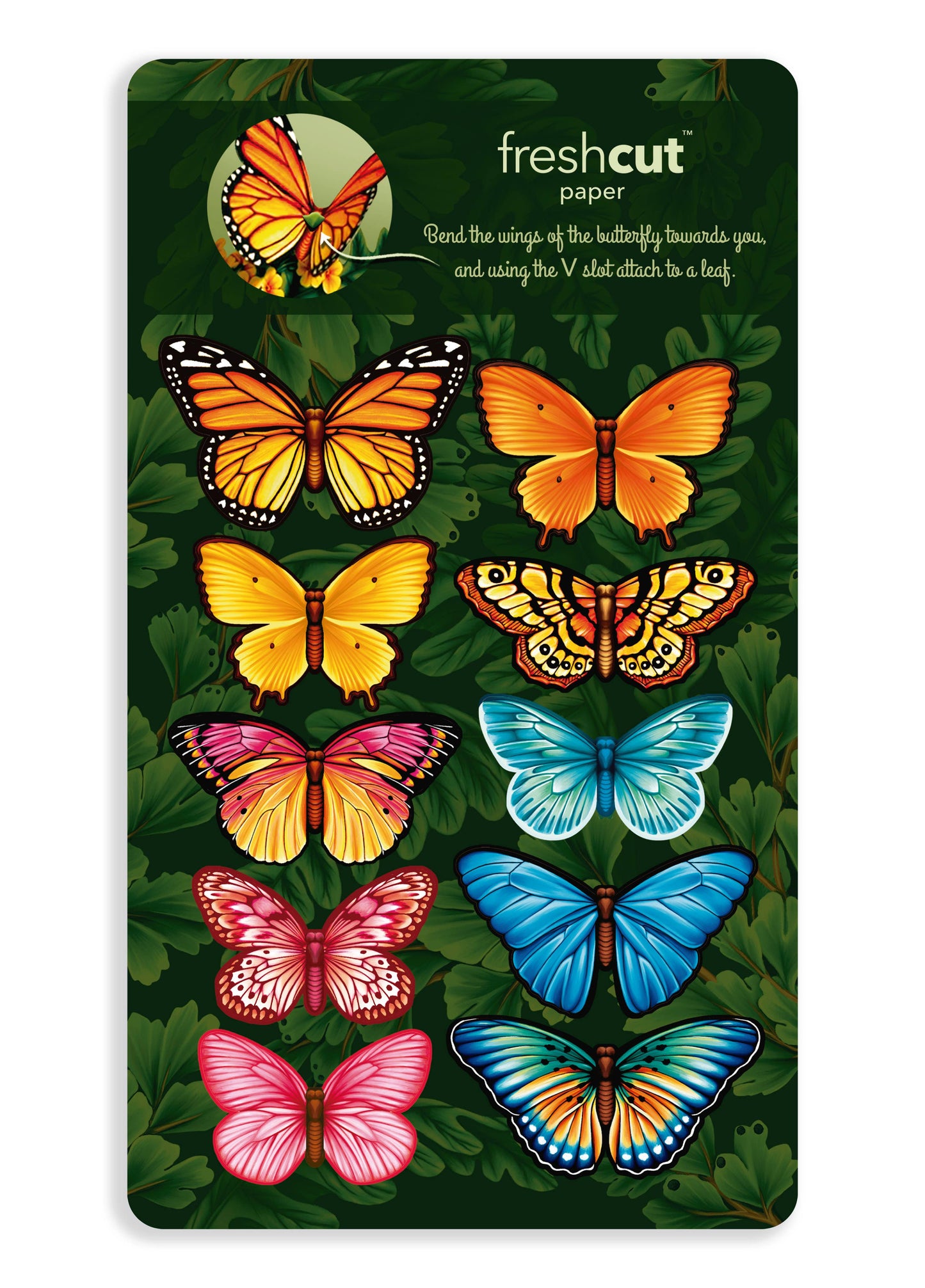 Colorful butterflies sheet for Butterflies & Buttercups Pop-up Card, includes 10 decorative butterflies, perfect for stationery store gifts.