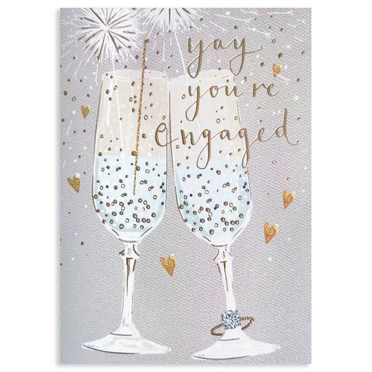 Champagne Louise Tiler Engagement Card featuring champagne glasses and sparklers. Blank inside. Available at stationery store.