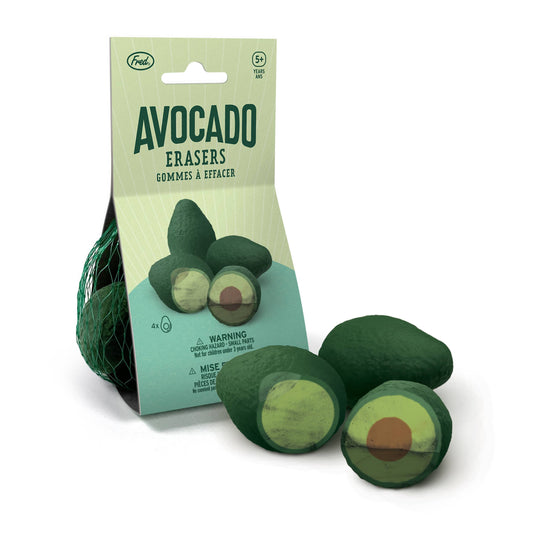 Avocado Erasers - Bag of 4 with colorful layers, unique stationery item available at Fred's stationery store, packaged like fresh produce.