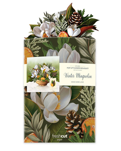 Winter Magnolia Pop-up Greeting Card with magnolias, orange slices, and pine cones. Available at stationery store.