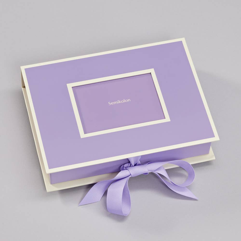 Heritage Line - Small Photograph Box with decorative ribbon, featuring a lid window for personalization. Stationery store exclusive.