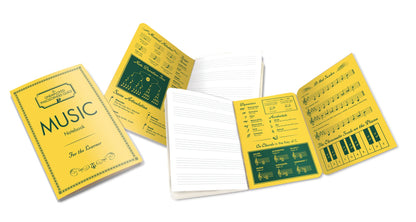 Music notebook with lined and blank pages, featuring a music instruction chart, available at a stationery store. Perfect pocket size.